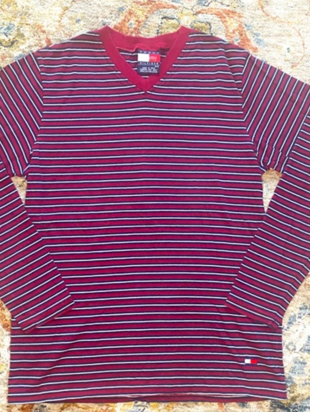 Tommy Hilfiger Burgundy, Navy & White Striped V-Neck Long Sleeve